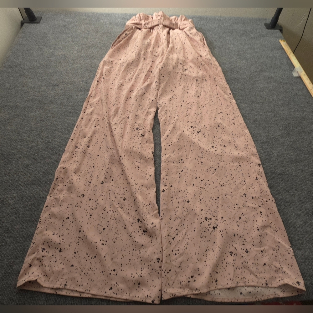 ENTRO Soft Pink Black Splatter Print Wide Leg Paper Bag Belted Palazzo Pants - Picture 4 of 15